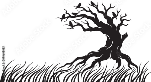 Photos Black and white premium silhouette illustration of an old oak tree with exposed