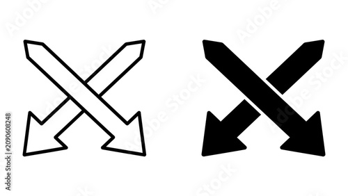 Bild auf Leinwand Two Intersecting Arrows Symbol: A minimalist graphic featuring two intersecting arrows, one outlined and one solid black, pointing in opposite directions, symbolizing conflict, opposition, or duality