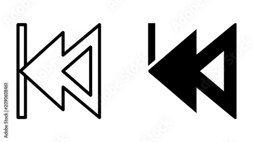 Rewind Icon Set: Two graphic representations of a rewind symbol, one outlined and one solid black, signifying the action of returning to a previous point in playback.