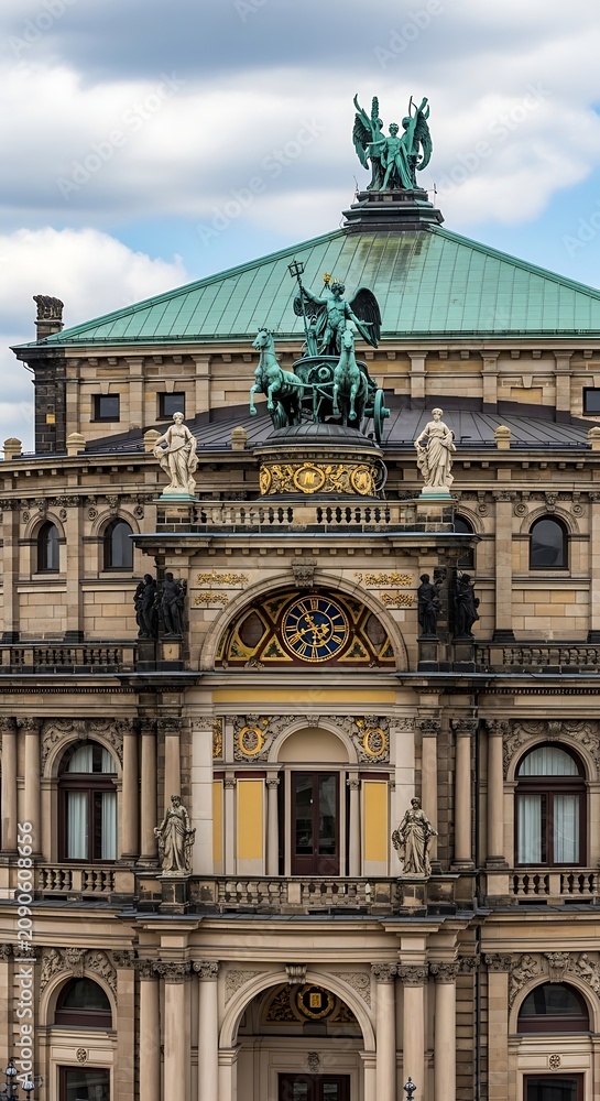 Fototapeta premium Ornate Historic Opera House Facade with Sculptures and Green Copper Roof in Paris