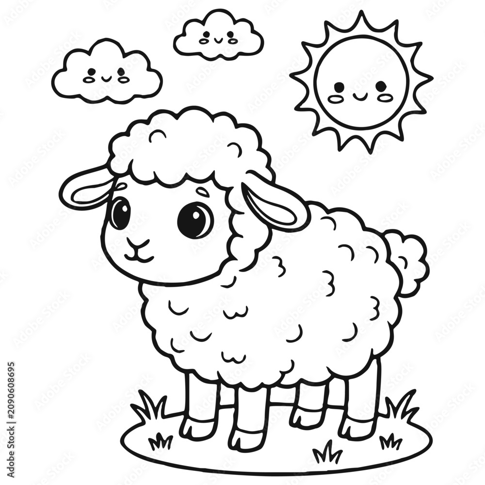 Obraz premium Sheep Coloring Page for Kids, Cute Cartoon Animal Line Art Illustration