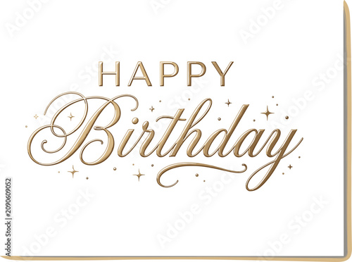 Elegant golden happy birthday text design with cursive calligraphy lettering stars sparkles and minimalist frame border vector