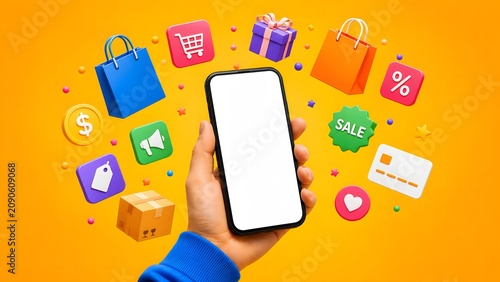 Hand holding a smartphone with various shopping icons floating around it, against a bright yellow background.
