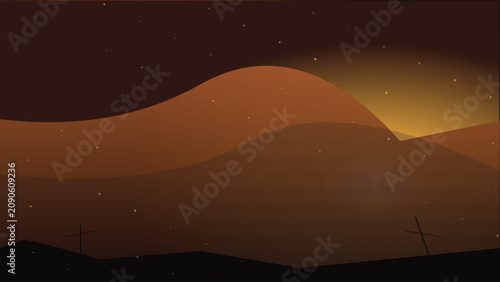 Desert Landscape with Christian Crosses at Night Minimalist Flat Illustration Style Atmospheric Background for Religious and Spiritual Themes