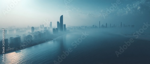 Misty urban landscape with towering skyscrapers partially obscured by fog and a river reflecting the sky.
