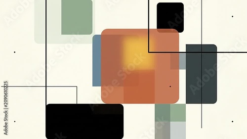 Abstract composition featuring colorful geometric shapes on a light background