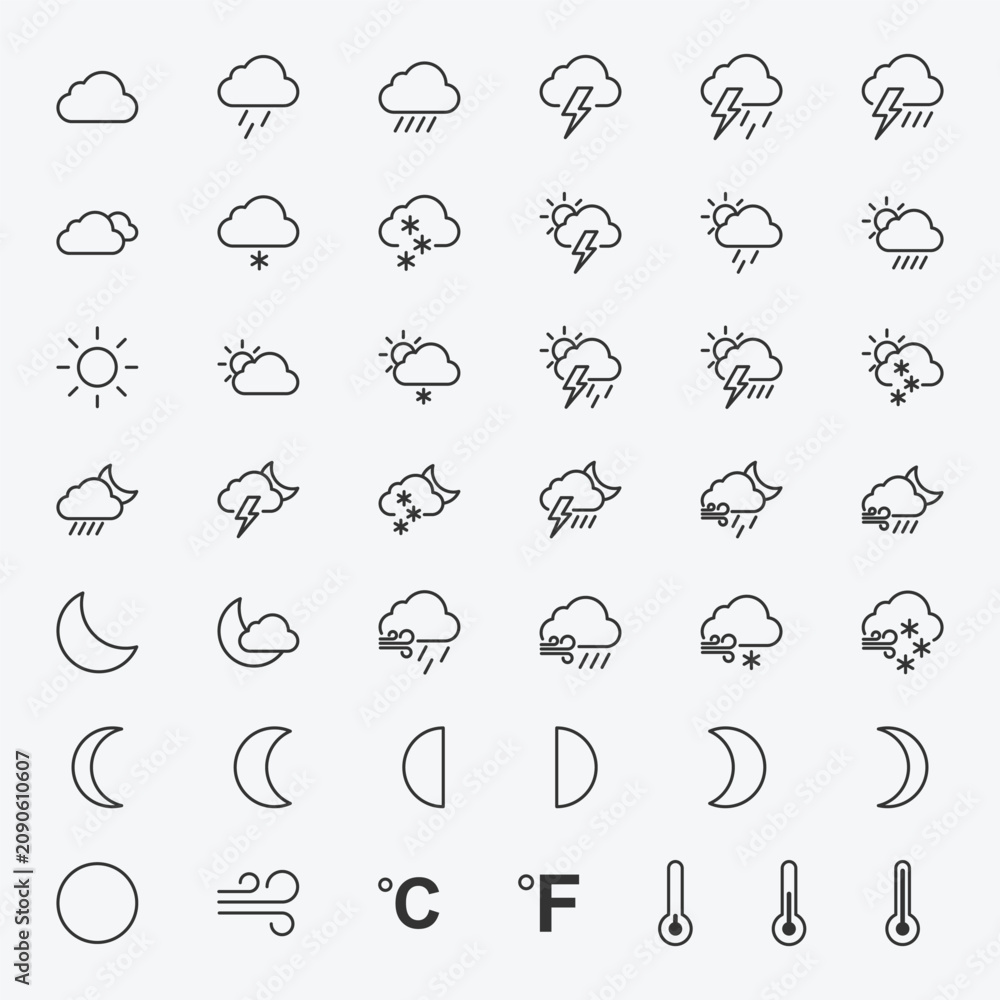 Obraz premium Weather Line Icons Set with 40+ Editable Outline Climate and Forecast Vector Symbols