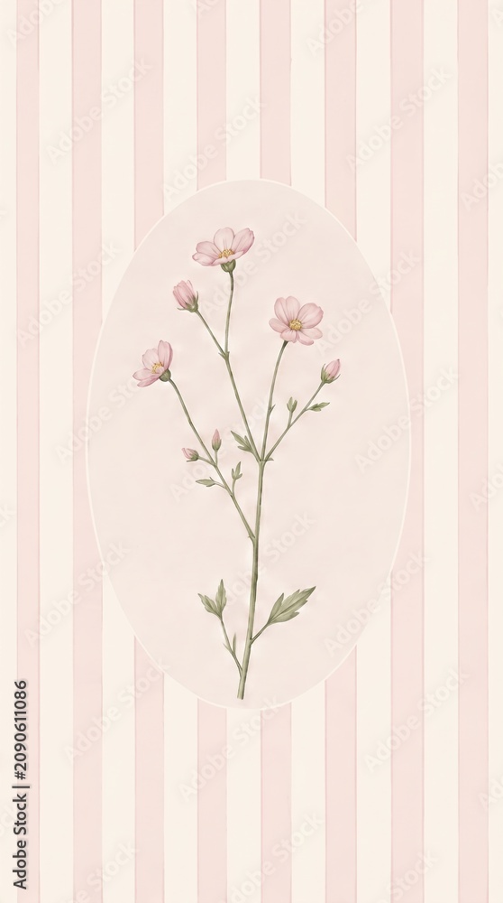 Fototapeta premium Watercolor pink striped poster with a single cosmos flower.