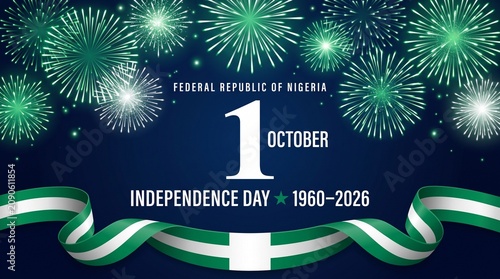 Nigeria Independence Day fi eworks banner with flag ribbon Nigeria, Independence Day, fireworks, flag ribbon, patriotic, national pride, celebration, holiday, greeting card, banner, poster, template, 