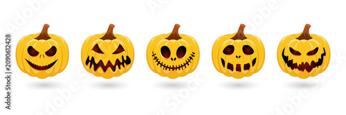 Fotografie Five yellow halloween pumpkins with scary carved faces and shadows isolated on a