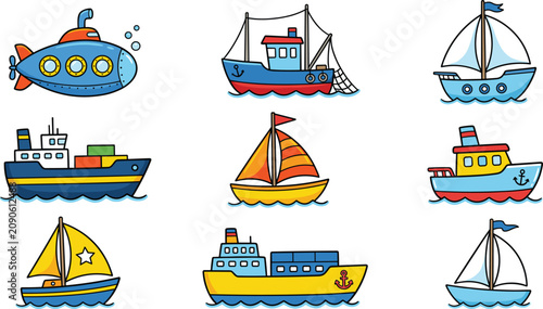 Cute cartoon marine vessel collection with submarine cargo ships fishing trawler tugboat and sailboats vector illustrations set
