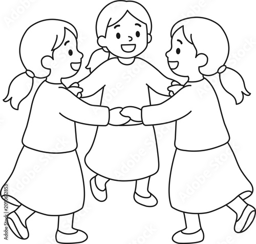 Modest Girls Dancing in Circle Holding Hands, Kids Coloring page