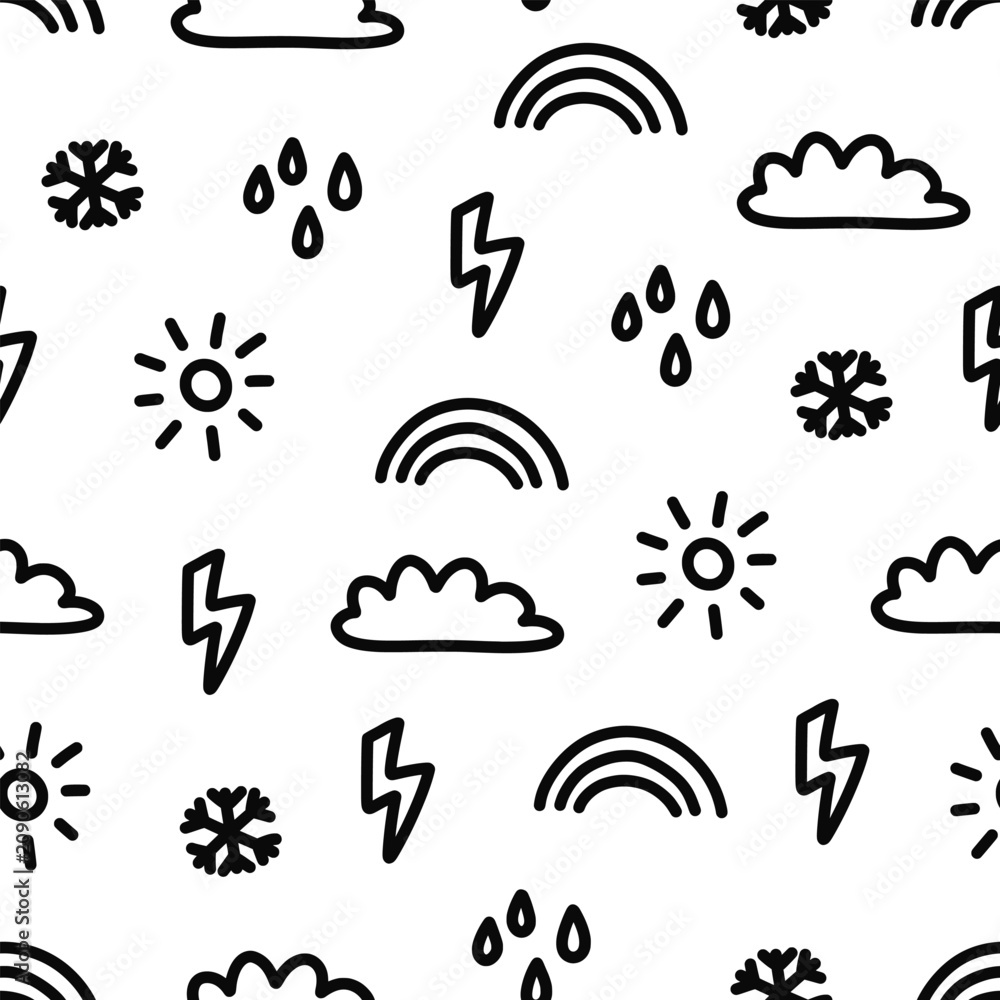 Naklejka premium Cute weather symbols seamless pattern. Minimalist monochrome doodle background with hand drawn sun, cloud, rain drops, lightning, rainbow, snowflake for kids fabric, wallpaper.