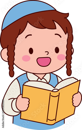 Orthodox Jewish Boy Reading Book, Cute Flat Kids Illustration
