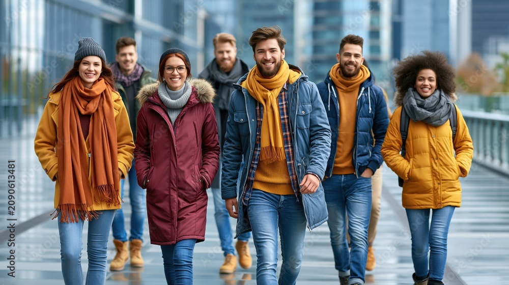 Fototapeta premium A group of seven friends strolls down a city street in autumn. They wear warm clothing and smile while enjoying their time together. The urban background features tall buildings