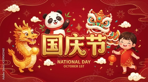 National Day Cute cartoon panda and lion dance illustration celebrating China National Day with traditional elements and festive red background