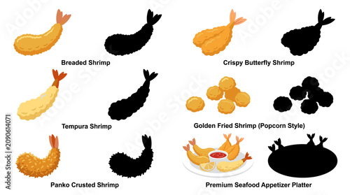 Foto Professional vector collection featuring different fried shrimp variations, brea