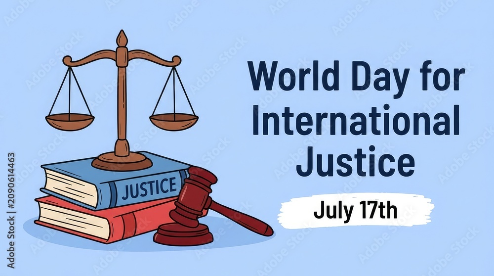 Symbolic balance scale standing on a blue law book for World Day for International Justice vector design