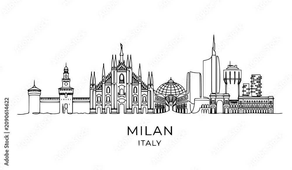 Obraz premium Continuous one line drawing of Milan skyline Italy landmarks minimalist travel vector EPS illustration