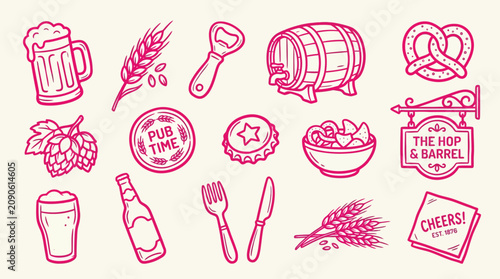 Canvas-taulu Collection of hand-drawn icons related to beer and pub culture, including a beer mug, hops, pretzel, and barrel