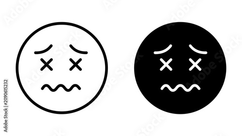 Tableau sur toile Dizzy and Dejected Icons: Two circular icons, one outlined and one filled black, depict a face with 'X' eyes and a wavy mouth, symbolizing exhaustion, defeat, or overwhelming stress