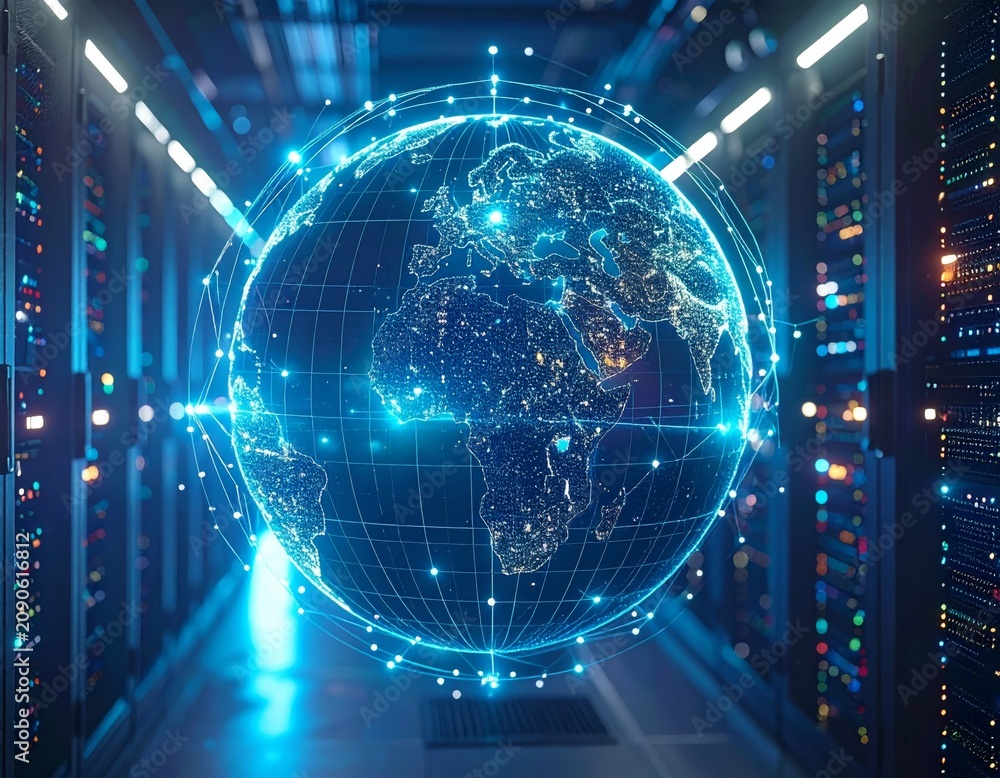 Fototapeta premium Abstract Blue Digital World Map Technology Background with Global Network Connection, Internet Data Communication, Futuristic Globe and Binary Information Concept