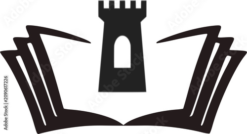 Modern vector logo design combining a fortress castle tower with an open book, symbolizing strong education foundations, historical studies, knowledge preservation, academic defense, and university he
