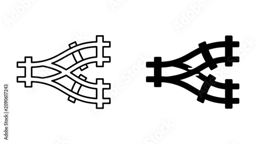 Train Track Switch Icon: A simple graphic illustration depicting a railway switch or point, showing two sets of parallel tracks merging into a single track, indicating a junction or divergence.