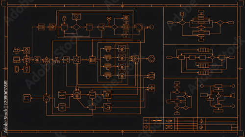 API Workflow Flow Diagram CAD Blueprint Integration Architecture Vector Set Detailed AutoCAD Technical Drawing