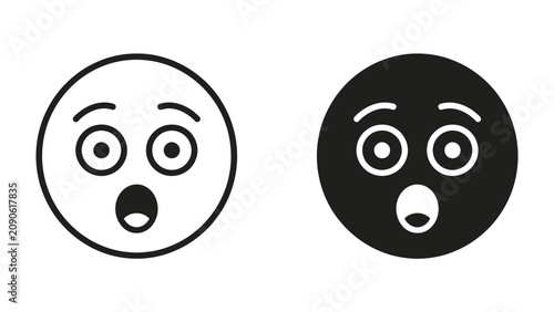 Obraz na plátně Shocked Emoji Face Icons: A graphic representation of surprise and shock presented in two styles: a clean outline and a solid black silhouette, both with wide eyes and open mouths