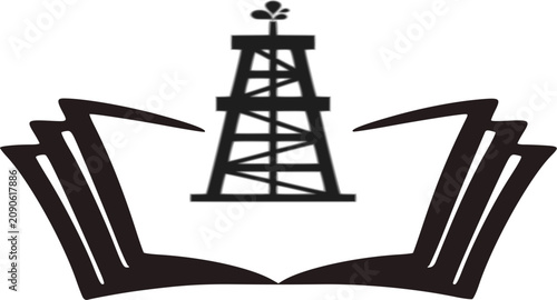 Modern line art vector logo design combining an open book with an oil drilling rig tower and a small sprout or droplet on top, symbolizing petroleum engineering education, oil and gas industry studies