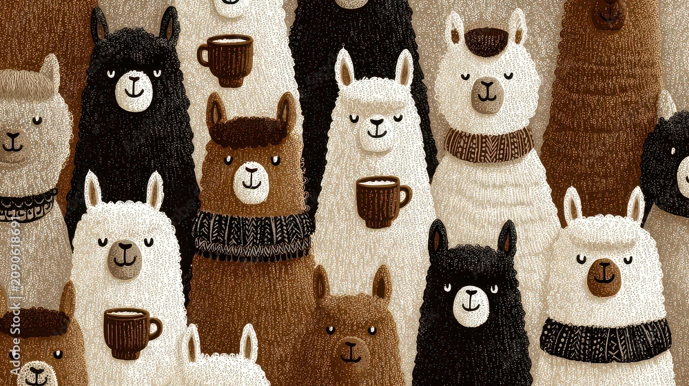 Fototapeta premium Cute Alpacas Holding Cups in a Warm and Cozy Scene