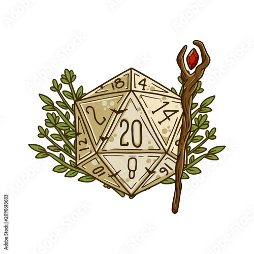 D20 dice with green leaves and magic wooden staff. Fantasy rpg tabletop game nature druid element. D20 dice set