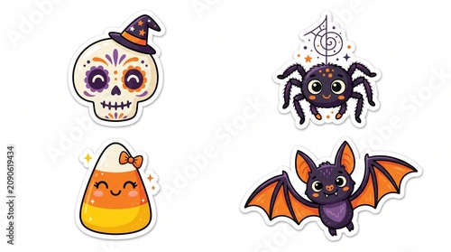 Cute Halloween Stickers Sugar Skull Spider Bat Candy Corn