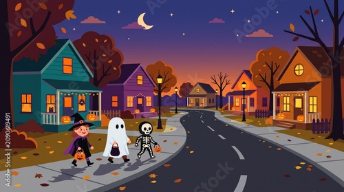 Trick or Treaters Walking Down Halloween Street at Night