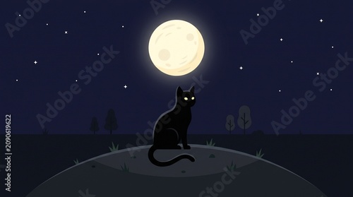 Black Cat Sitting Under Full Moon Night Illustration