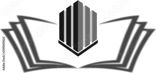 Modern line art vector logo design combining an open book with a cluster of high-rise buildings or skyscrapers, symbolizing architecture education, civil engineering studies, real estate business scho