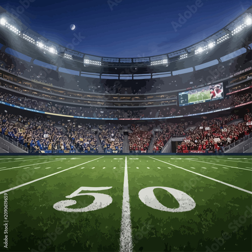 A nighttime American football game takes place in a crowded stadium with green field and white markings under clear blue sky