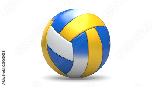 A vibrant, three-dimensional rendering of a volleyball, featuring a classic segmented design of blue, yellow, and white panels against a clean, white background