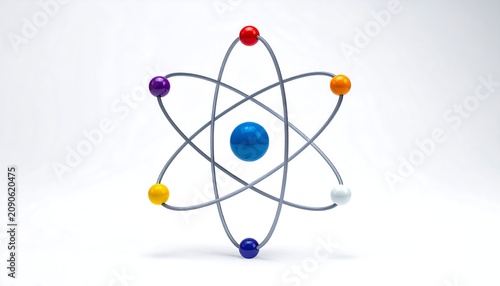 A vibrant, three-dimensional representation of an atom, featuring a central blue nucleus surrounded by orbiting particles of different colors