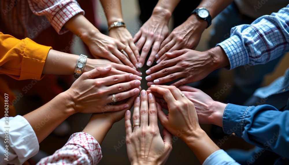 Obraz premium A group of people is shown placing their hands together in the center, creating a circular formation