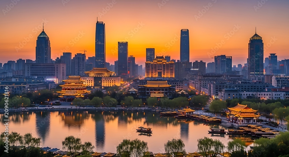 Obraz premium Illuminated Modern City Skyline Reflecting Over Lake at Orange Sunset