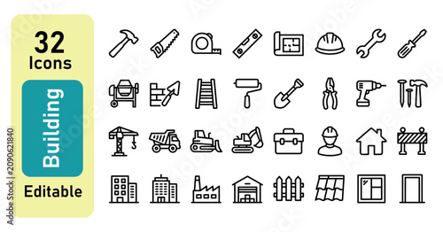Building and construction line icons set with editable stroke vector, minimalist architecture tools, home renovation and industrial engineering web icon pack