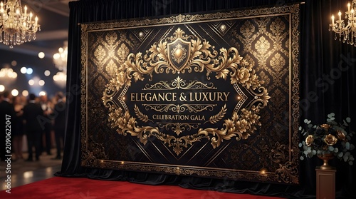 Luxury gold and black backdrop with elegant design on red carpet