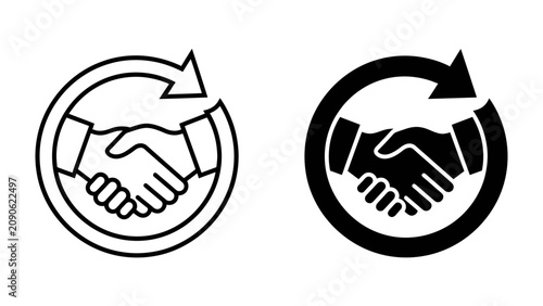 Fotografie Business Agreement Icons: Two circular icons, one outlined and one filled black, depict a handshake symbol enclosed by a circular arrow, representing agreement, cooperation, and partnership