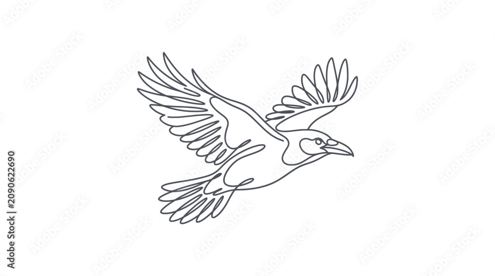 Obraz premium Majestic raven flying with wings spread wide in continuous line art
