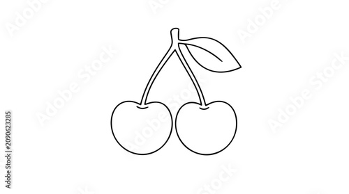 Foto Hand traced cherry pair vector icon with twin fruit, curved stems and leaf in cl