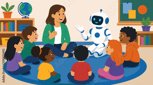 Friendly teacher and smiling robot co-teach curious children seated in a classroom circle, playful AI education vector illustration for future learning, STEM, diversity, and digital literacy