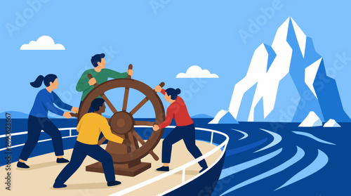 Collaborative crew turning a giant wooden ship wheel to steer away from a towering iceberg, symbolizing agile leadership, crisis management, teamwork, and strategic risk avoidance at sea