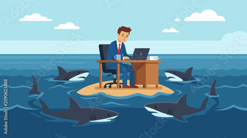 Businessman isolated at a tiny office desk on a small island surrounded by circling sharks, vector metaphor for corporate risk, pressure, competition, crisis management and workplace stress